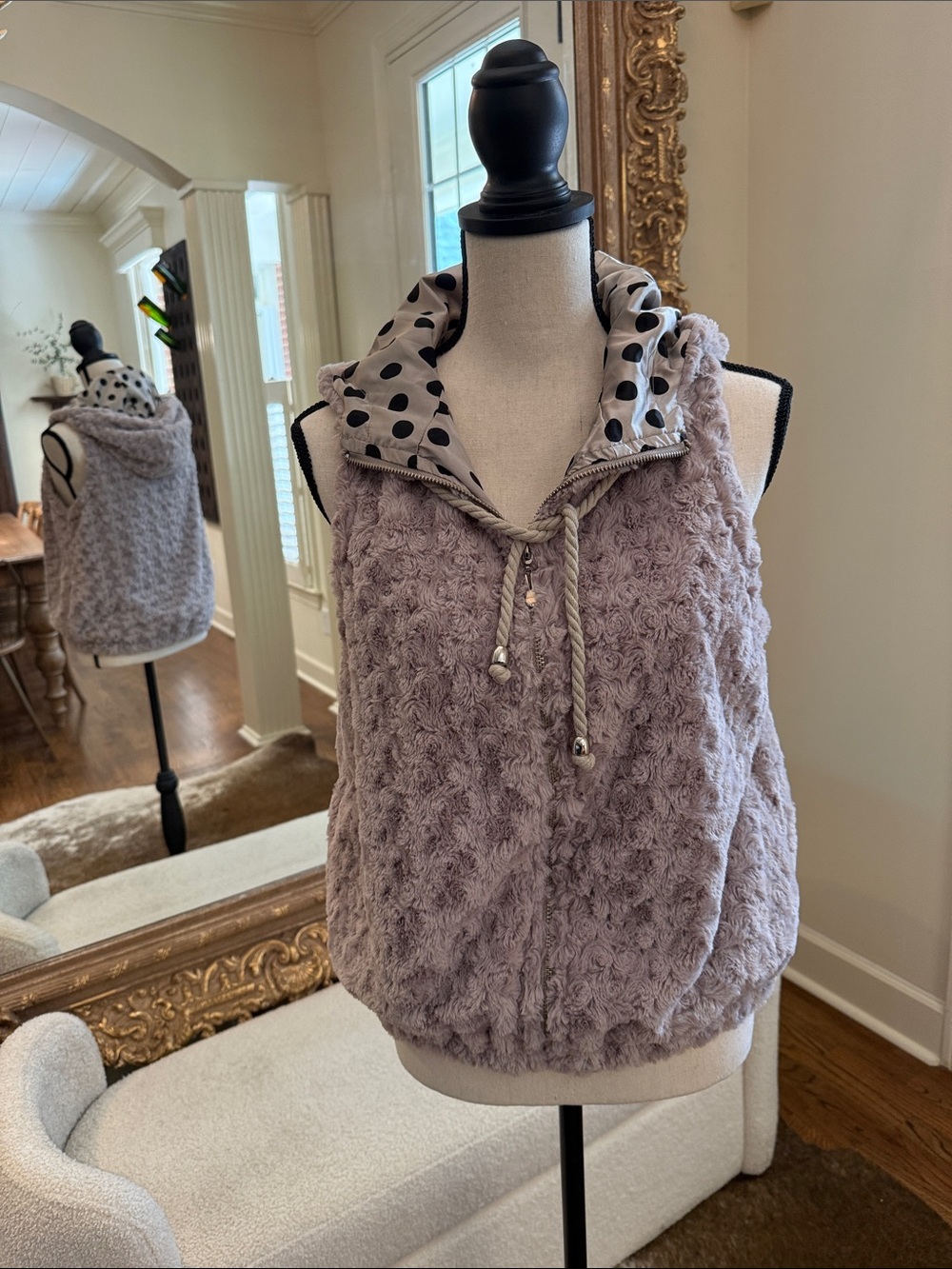 Cozy Plush Reversible Vest - taupe Polka Dot Collar